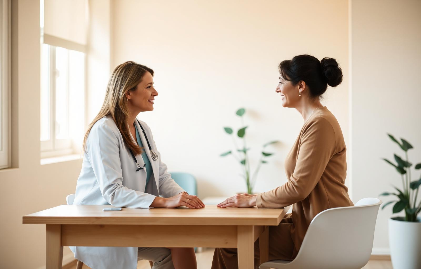 Female medical advisor speaking gently with a female patient in a calm, sunlit consultation room