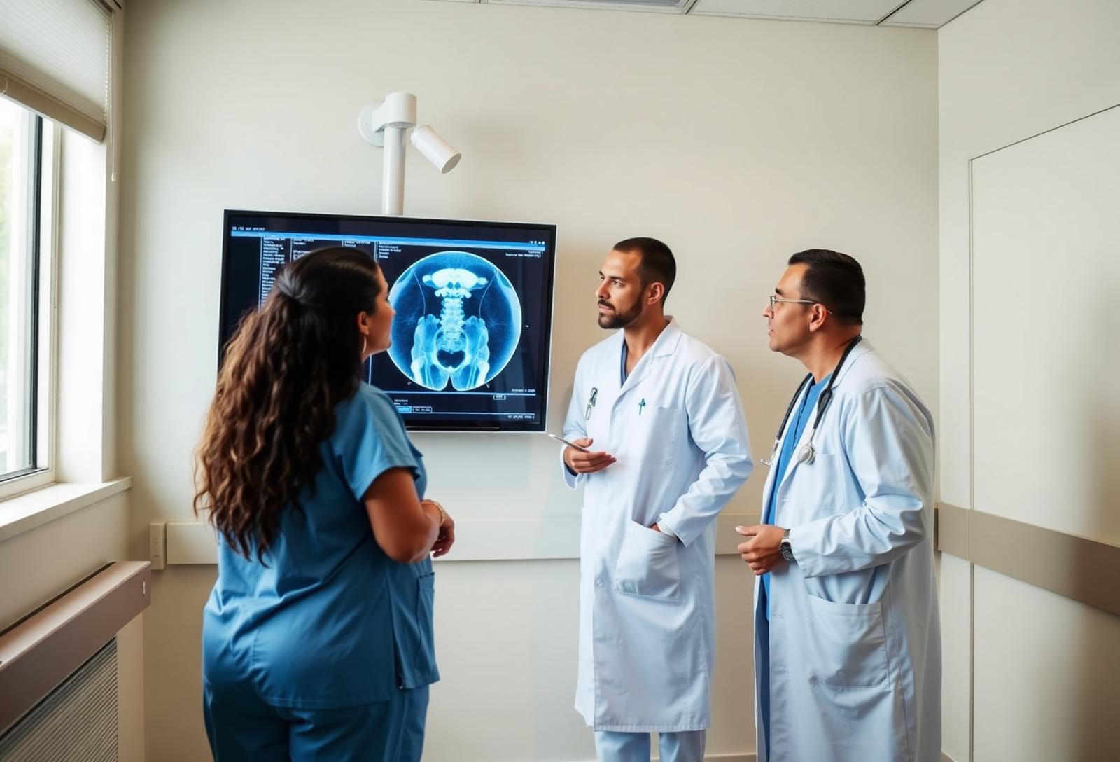 Multidisciplinary clinical team reviewing an MRI pelvic scan on a wall-mounted display in a planning room